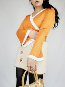 Y2K 00s orange flare sleeve wrap Kitsch party blouse top