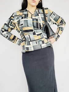 90s shimmer geometric MOD print wrap Kitsch blouse top