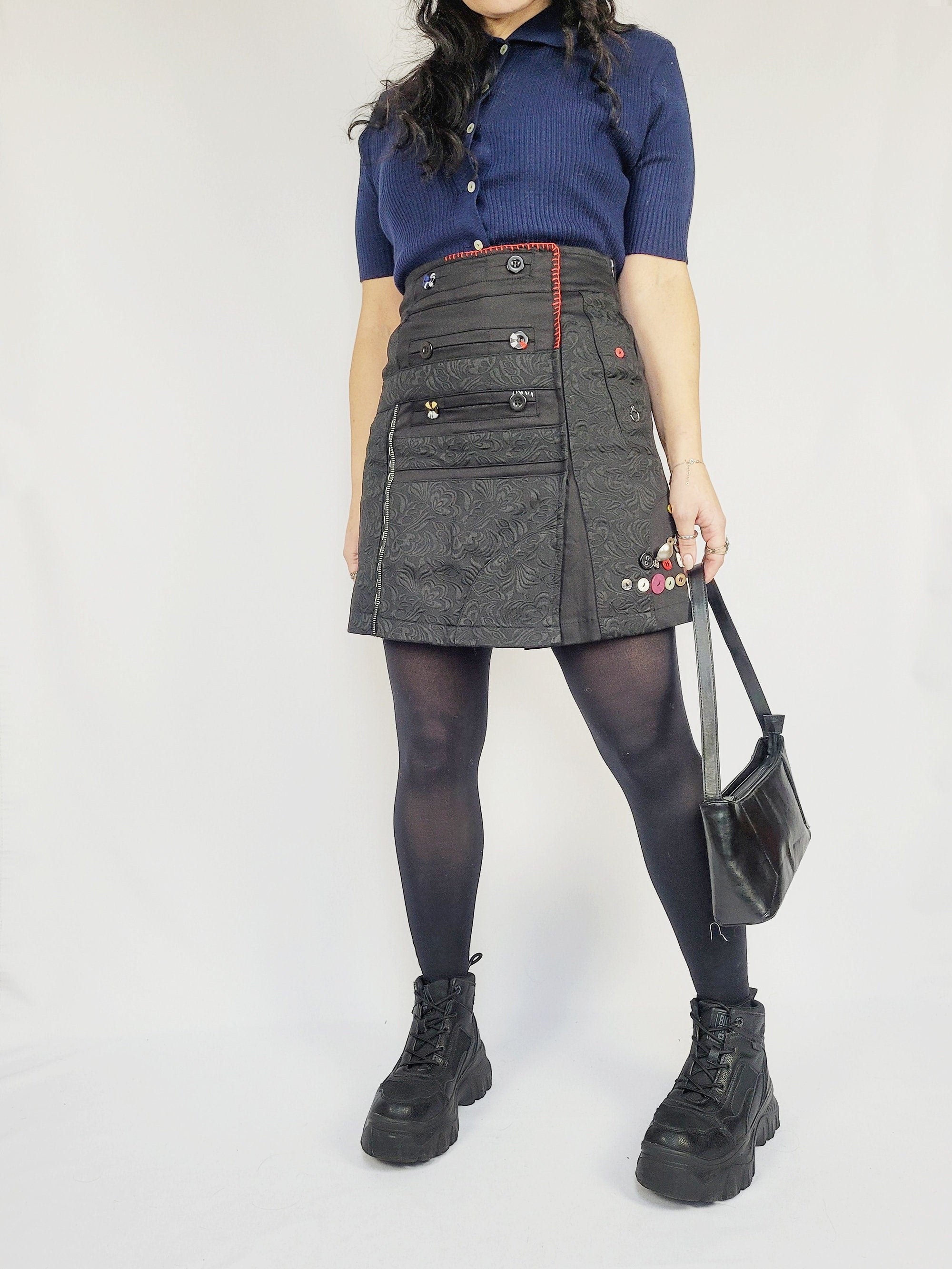 90s vintage black buttons decorated A line mini skirt