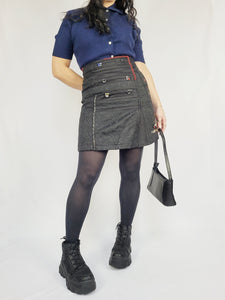 90s vintage black buttons decorated A line mini skirt