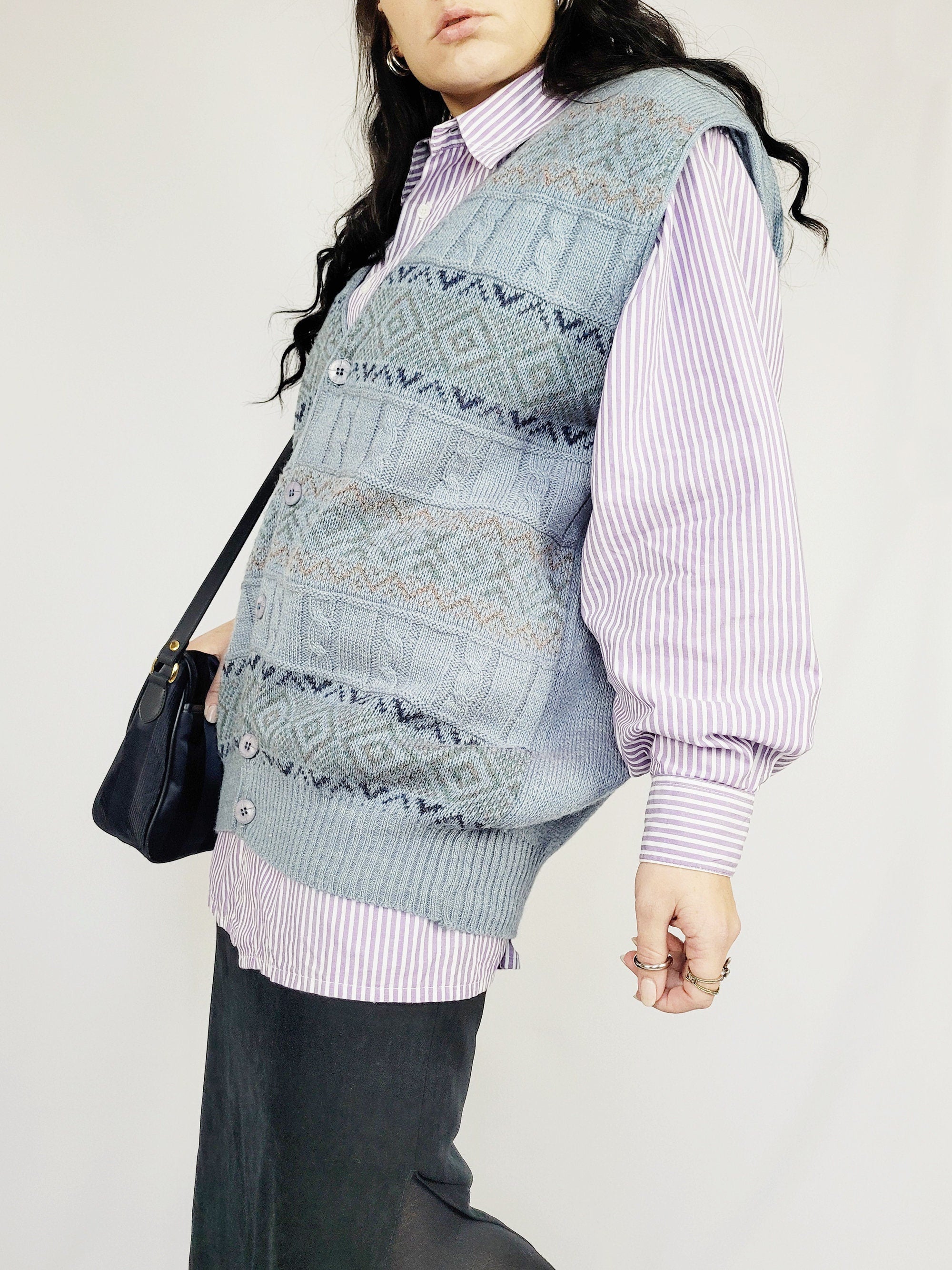 Retro 90s blue fair isle cable knitted vest jumper