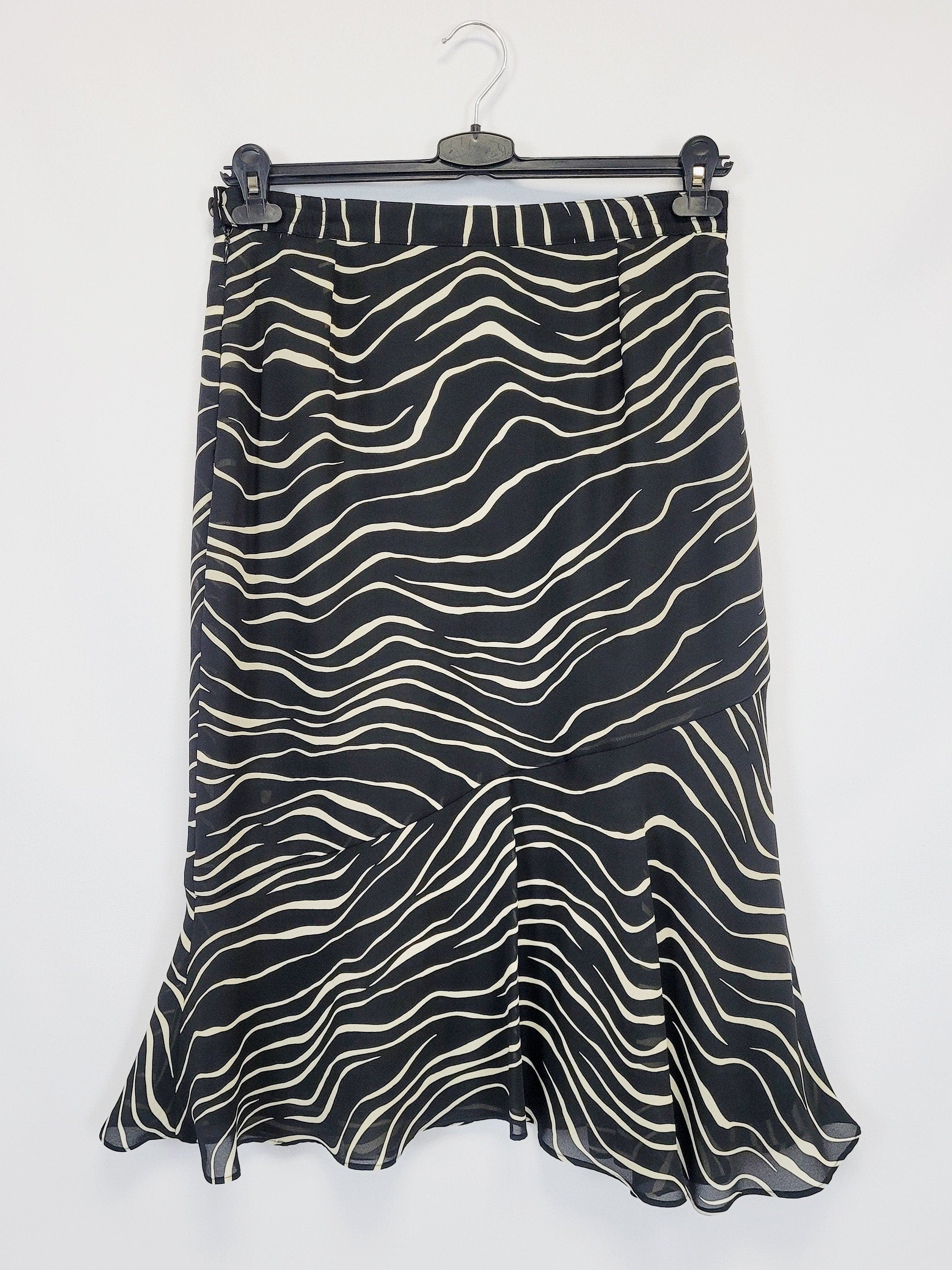 Y2K 00s black white zebra print flare mermaid midi skirt