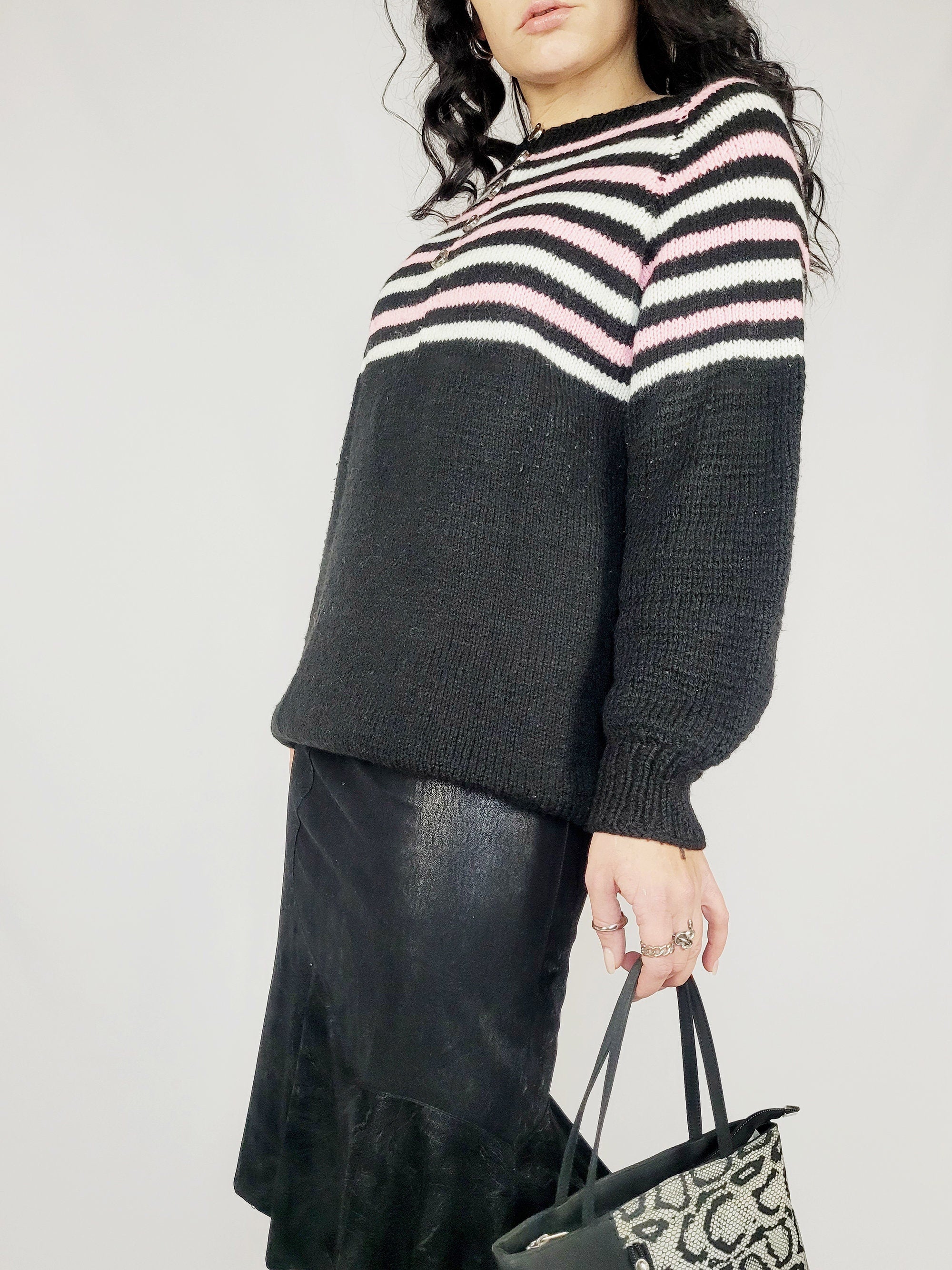 90s retro handmade knit black striped oversized jumper top