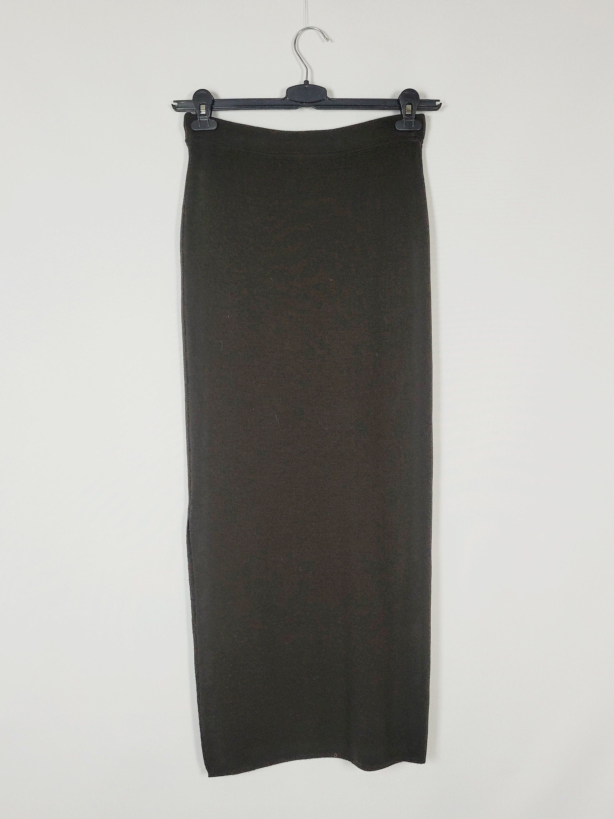 90s vintage brown wool knit minimalist side split maxi skirt