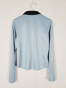 Y2K 00s blue lycra flare sleeve denim ruffle collar blouse