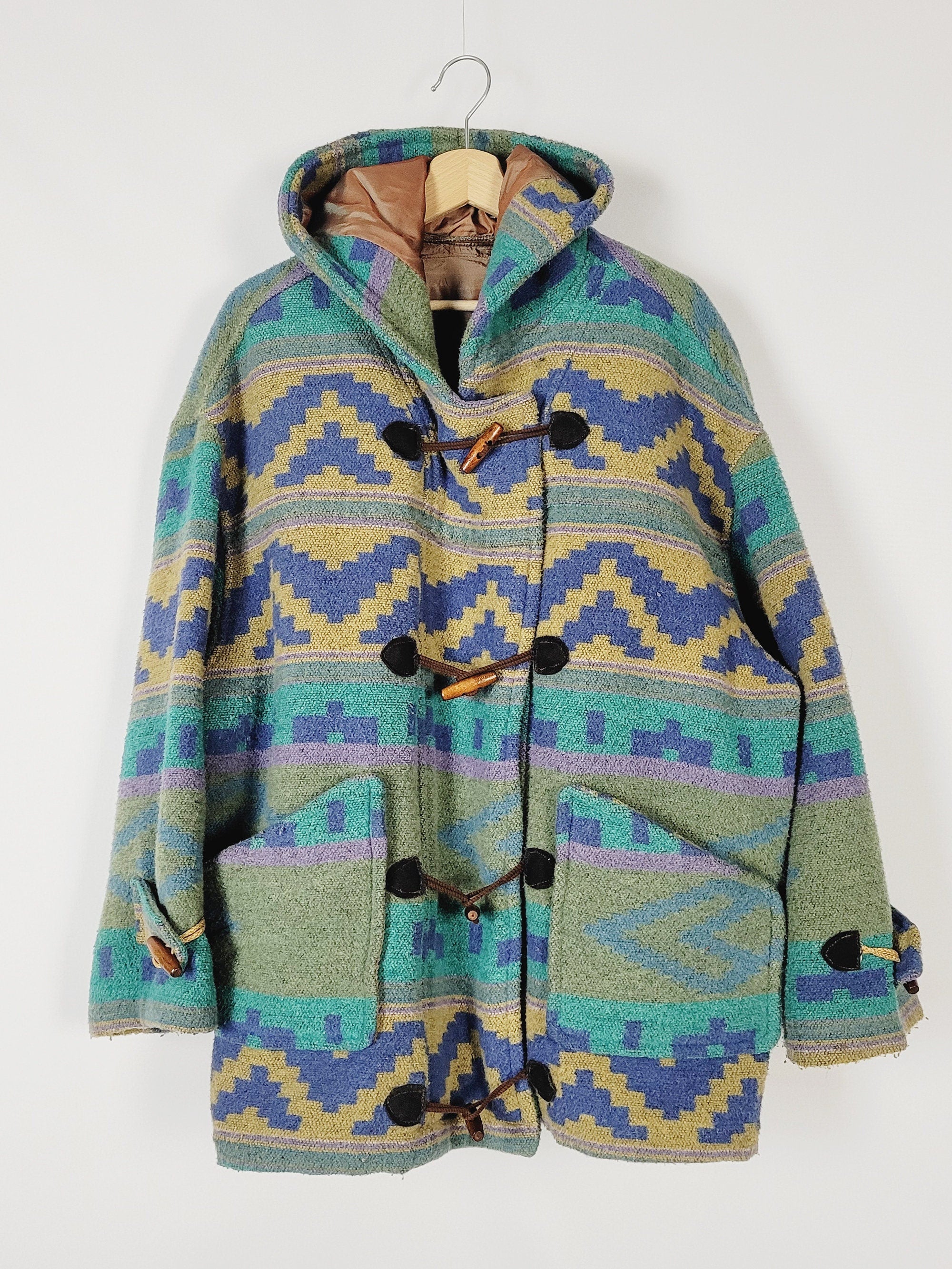 90s colorful part woolen native print hooded oversized coat