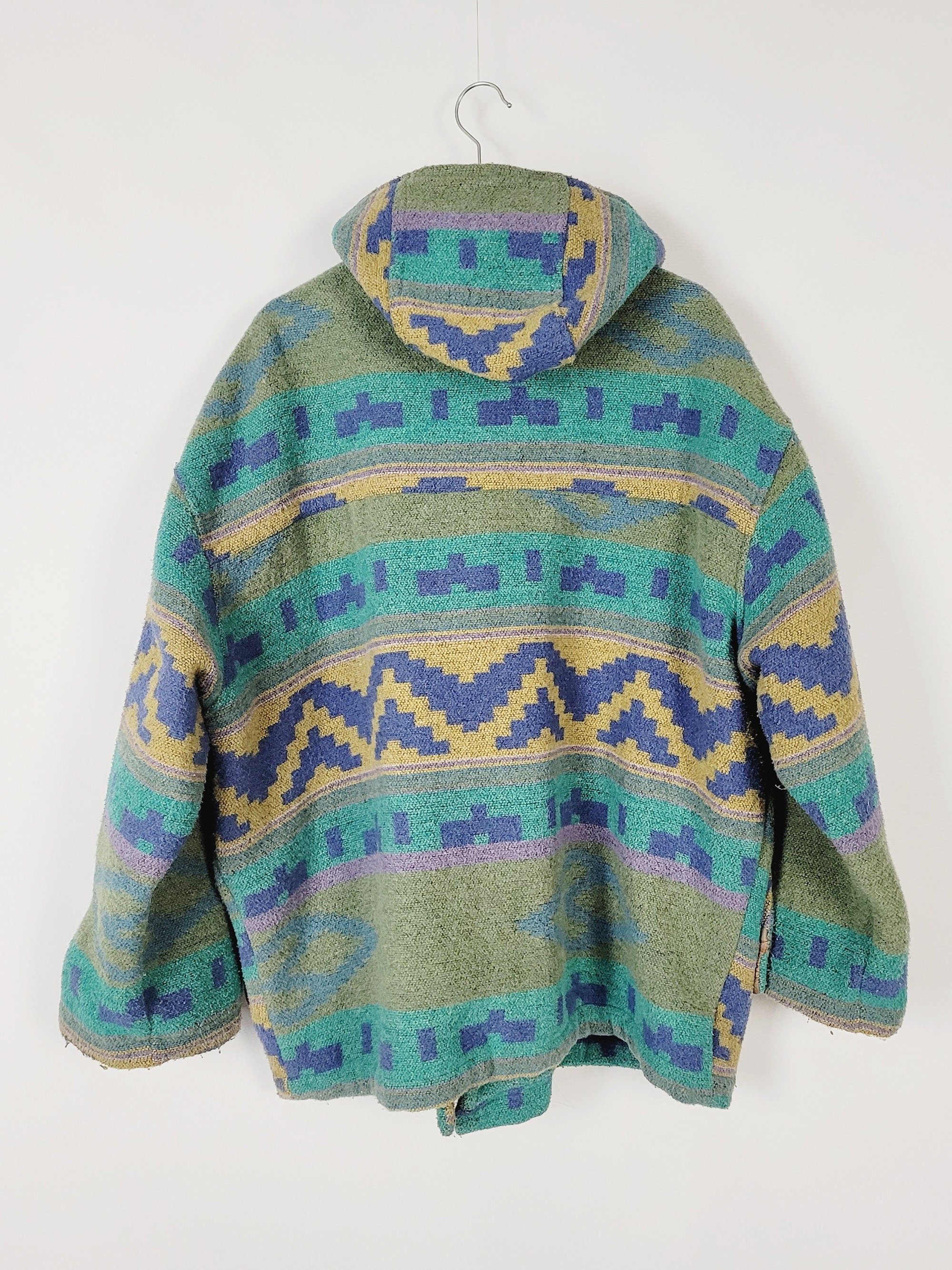 90s colorful part woolen native print hooded oversized coat