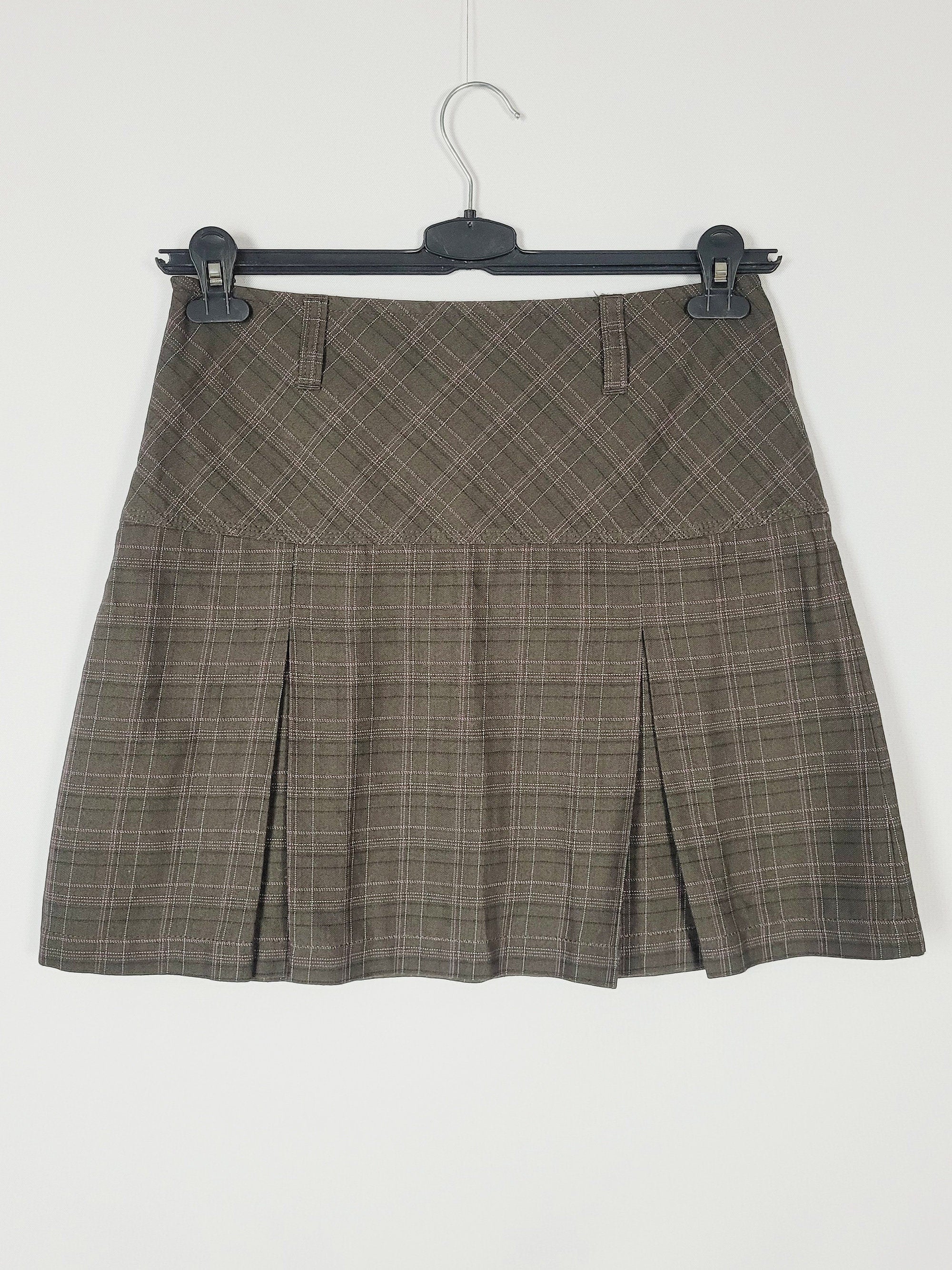 00s Y2K brown checked minimalist pleated Grunge mini skirt