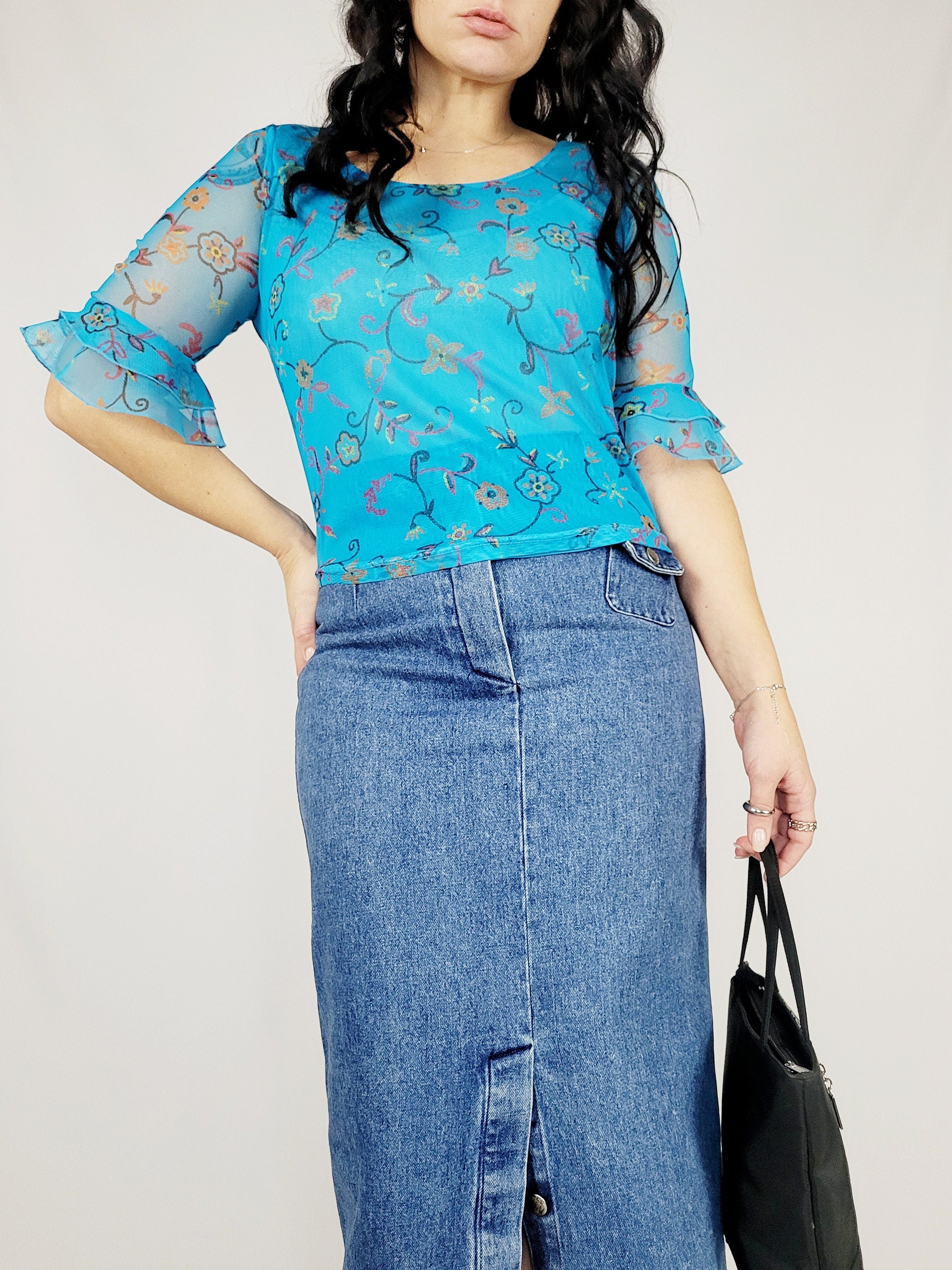 Y2K 00s retro mesh blue floral flare sleeve blouse top
