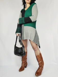 90s knitted color block long sleeve asymmetric mini dress