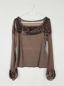 Y2K 00s brown beaded mesh sleeves velveteen bohemian top