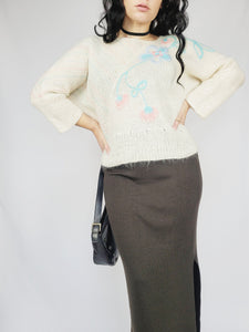 70s handmade milky white embroidered sweater top