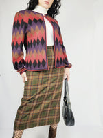 Load image into Gallery viewer, 80s colorful argyle knit puff sleeve one button cardigan
