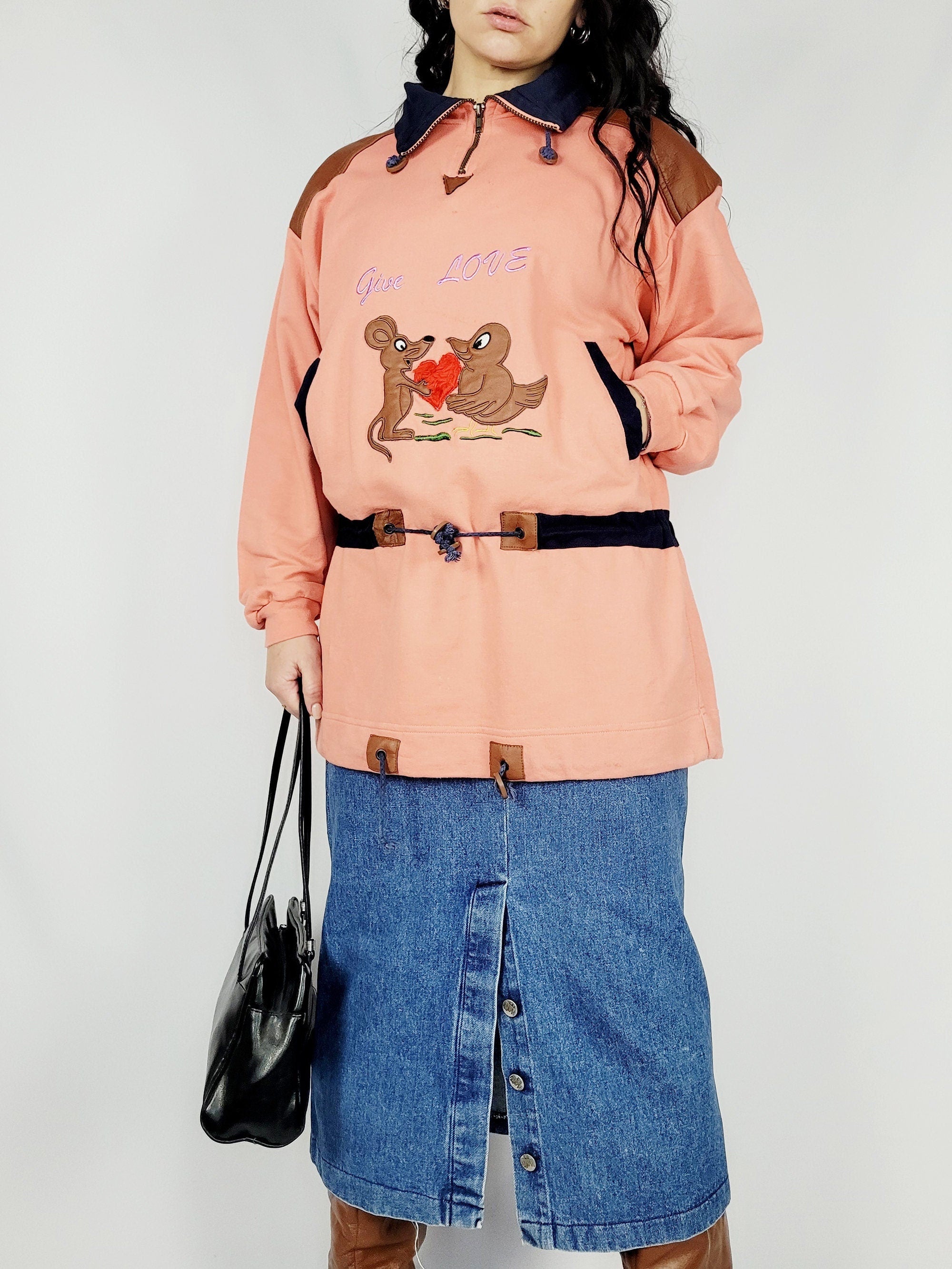 90s retro pink long cute quarter zip sweatshirt