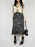 Load image into Gallery viewer, Y2K 00s black white zebra print flare mermaid midi skirt
