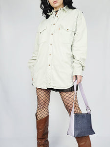 90s greyish beige menswear minimalist oversized denim shirt