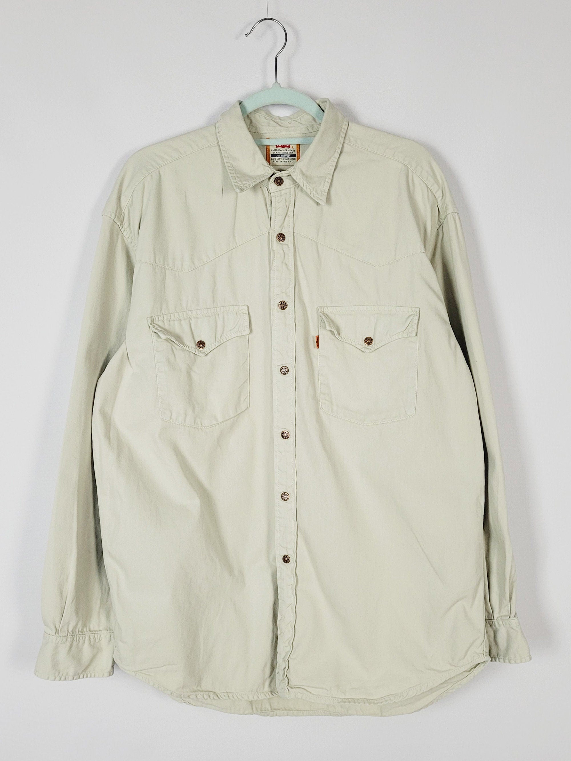 90s greyish beige menswear minimalist oversized denim shirt