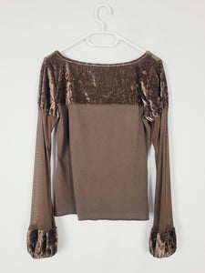 Y2K 00s brown beaded mesh sleeves velveteen bohemian top