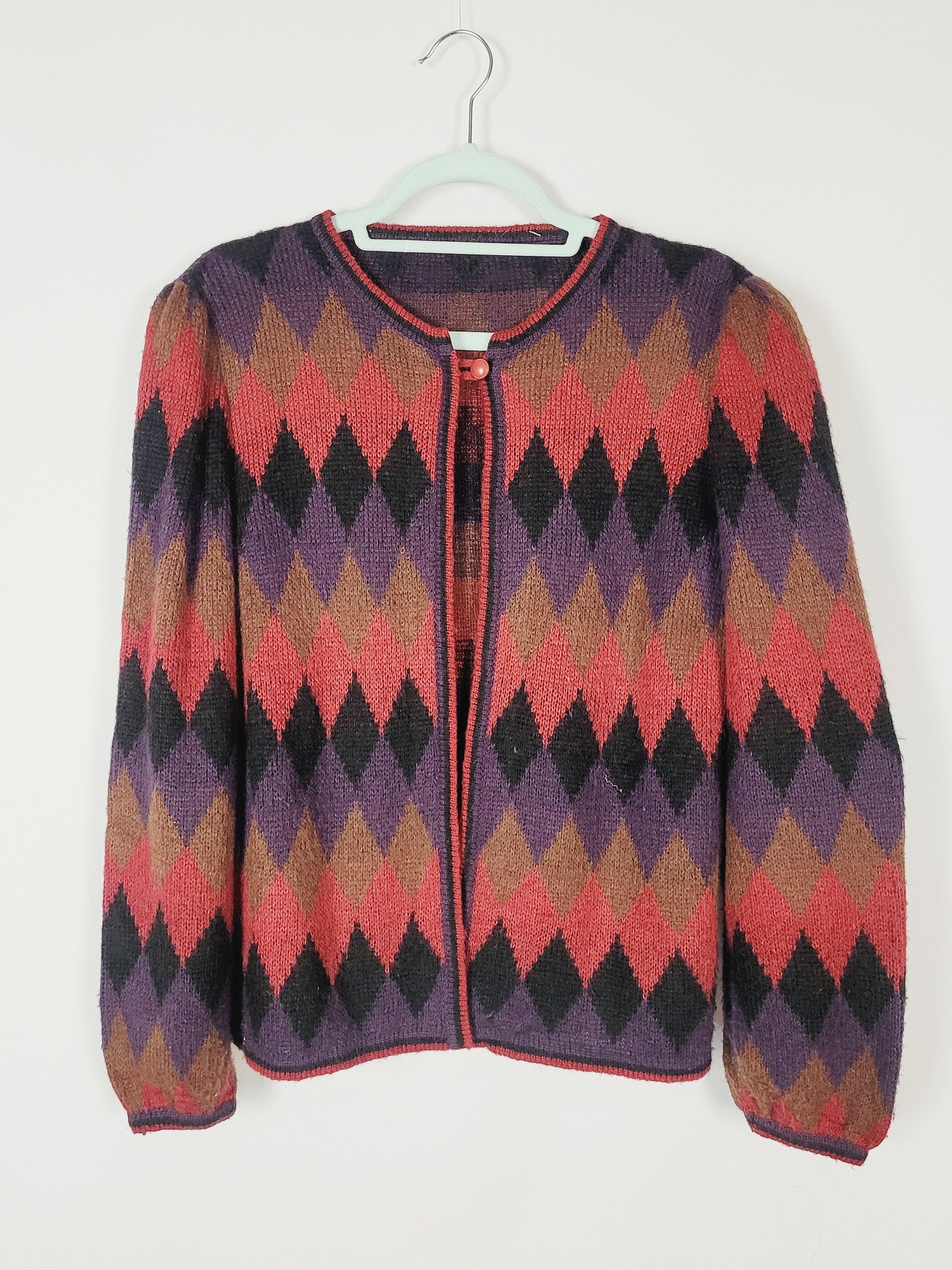 80s colorful argyle knit puff sleeve one button cardigan