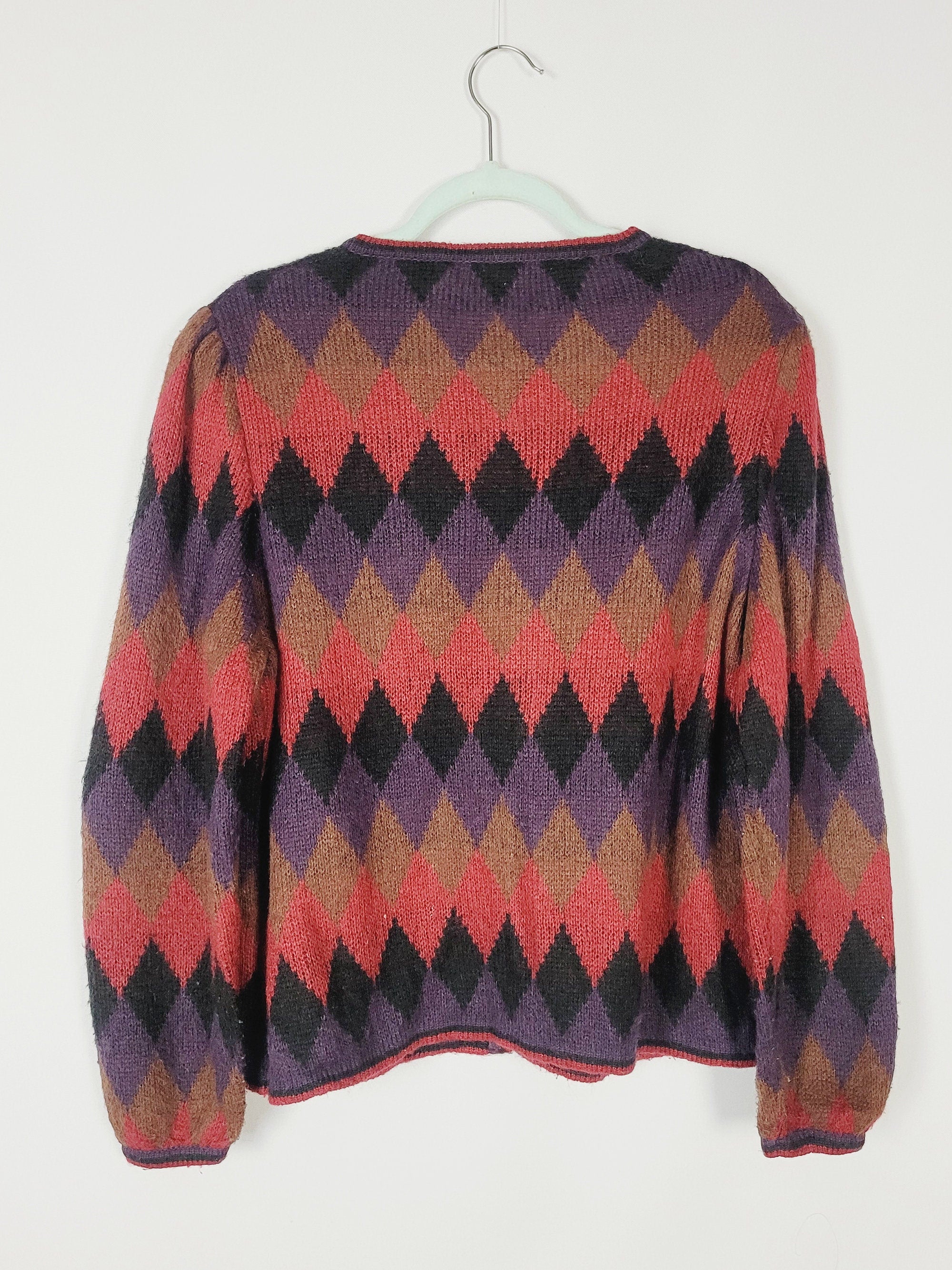 80s colorful argyle knit puff sleeve one button cardigan