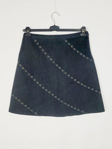 00s Y2K black denim rivet minimalist A-line midi skirt