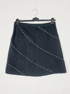 00s Y2K black denim rivet minimalist A-line midi skirt