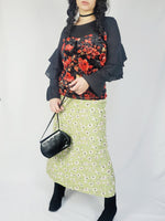 Load image into Gallery viewer, Vintage 90s black floral flare sleeve velveteen Grunge top
