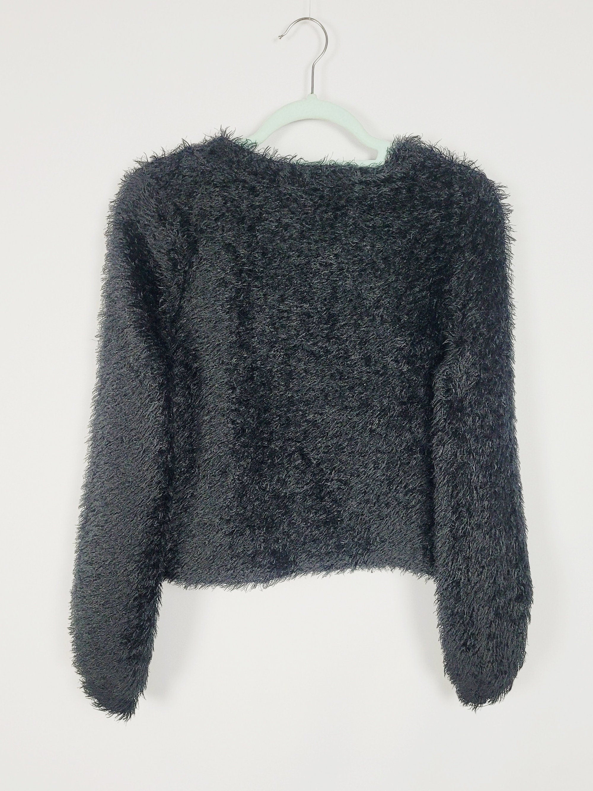 Y2K 00s retro black furry fluffy minimalist crop sweater top
