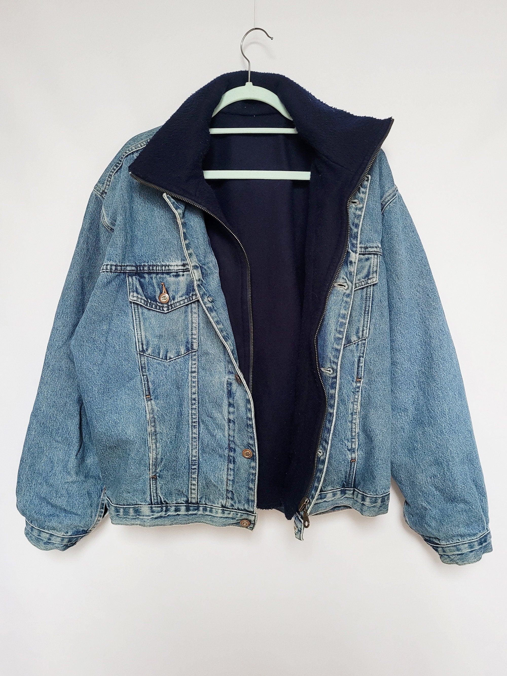 90s blue denim jeans fleece lined menswear oversized jacket