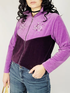 90s sequin embroidery purple velveteen zip sweatshirt jacket