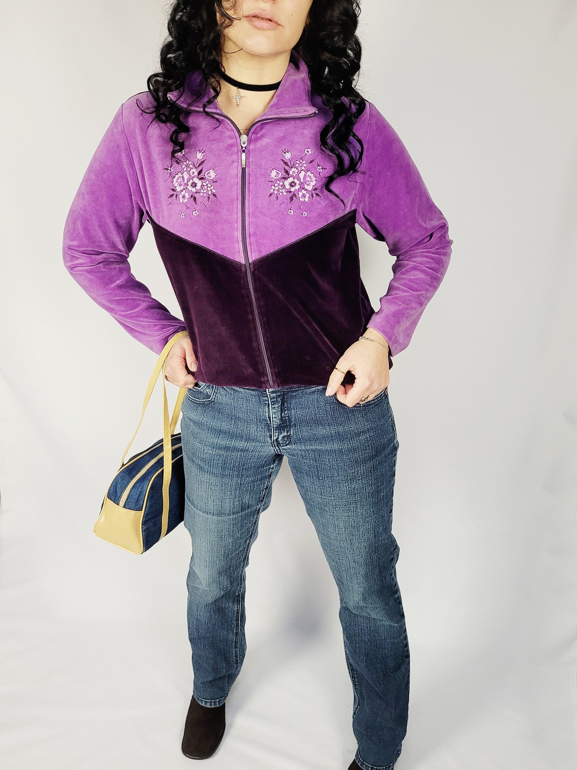 90s sequin embroidery purple velveteen zip sweatshirt jacket