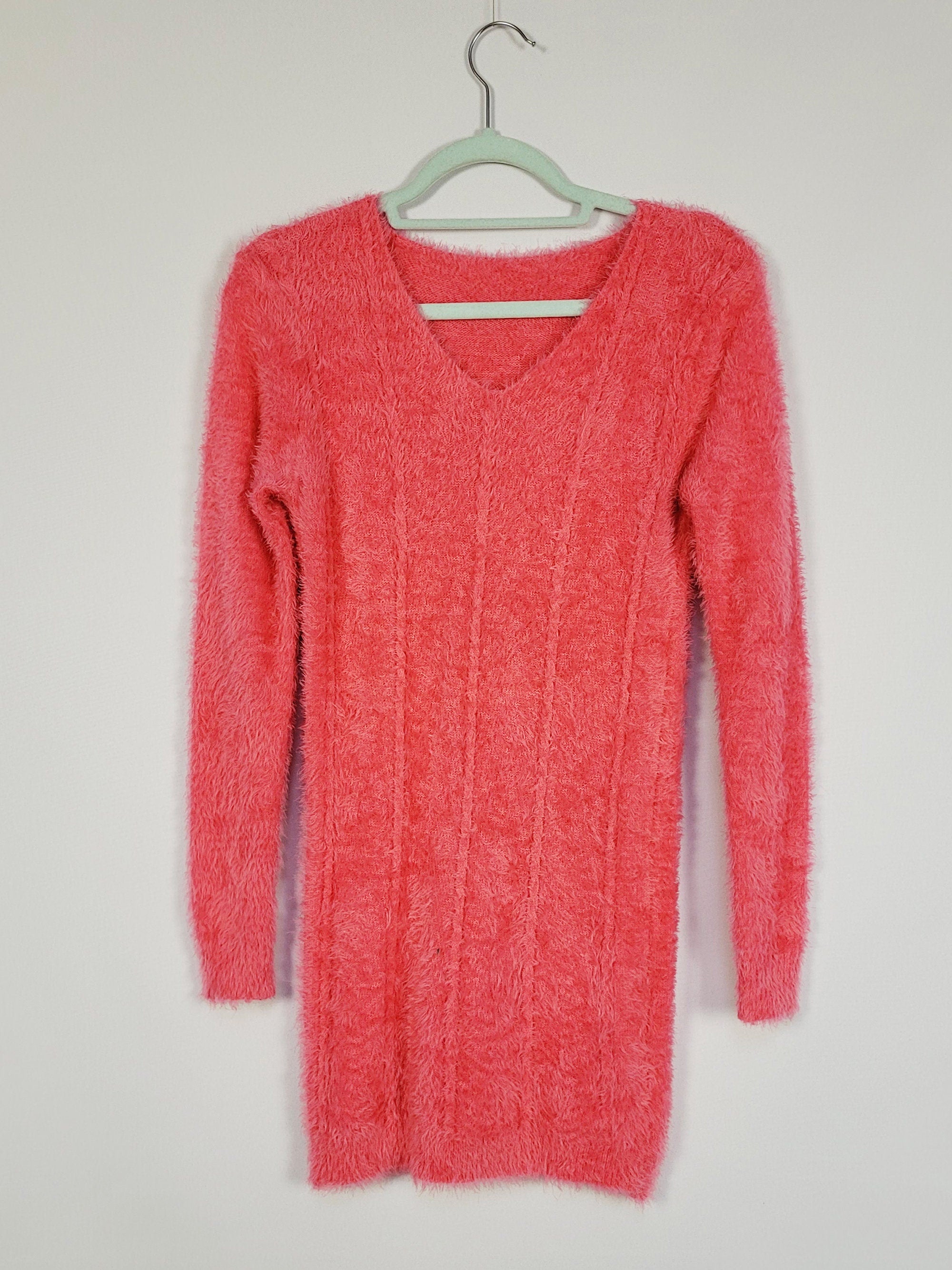 Y2K 00s fluffy furry pink cable knit minimalist mini dress