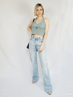 Load image into Gallery viewer, 90s retro dusty blue knit crochet summer halter top
