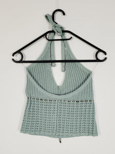 90s retro dusty blue knit crochet summer halter top