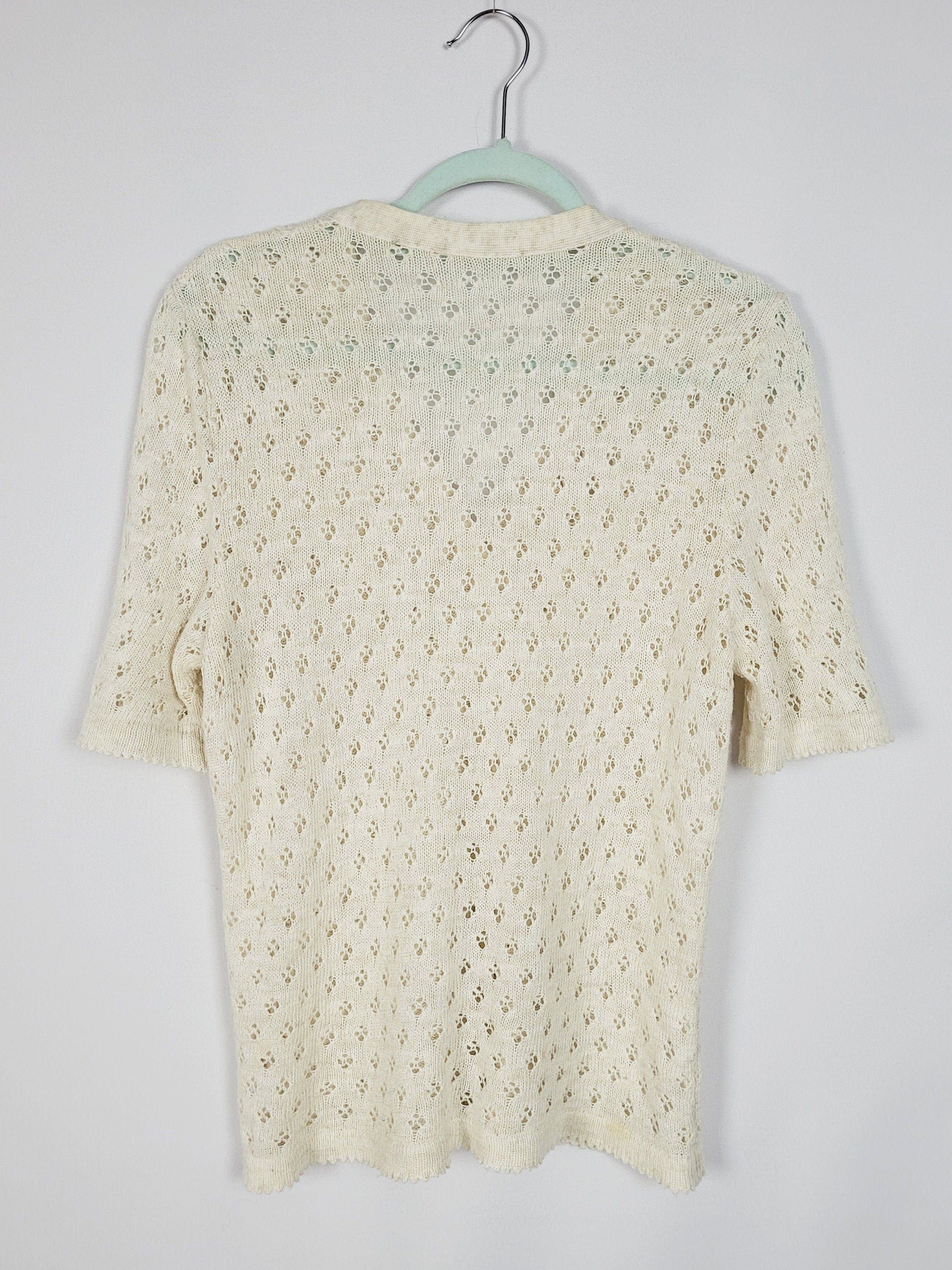 90s minimalist cream cable knit short sleeve buttons top