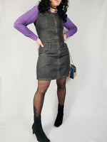 Load image into Gallery viewer, 00s Y2K dark grey denim monogram print dungaree mini dress
