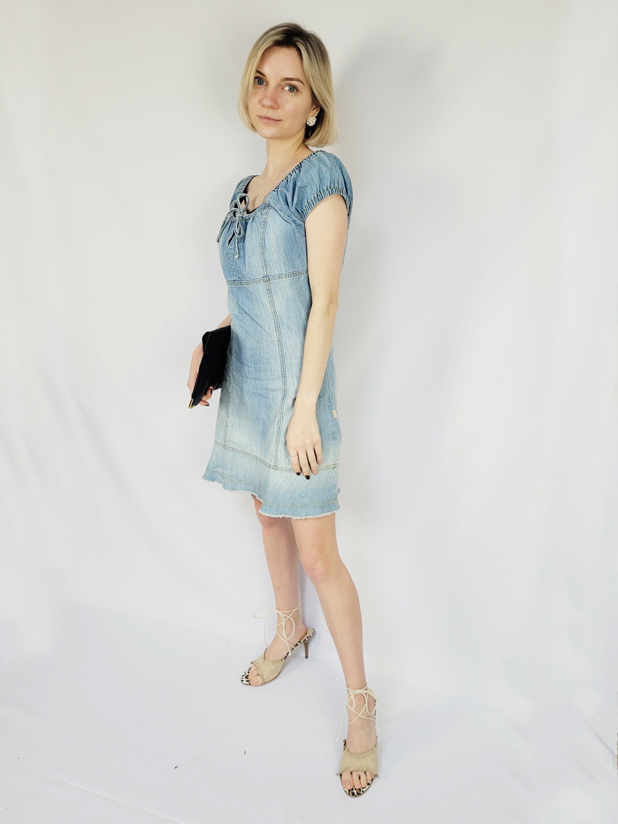 Y2K 00s blue denim off shoulder summer festive mini dress