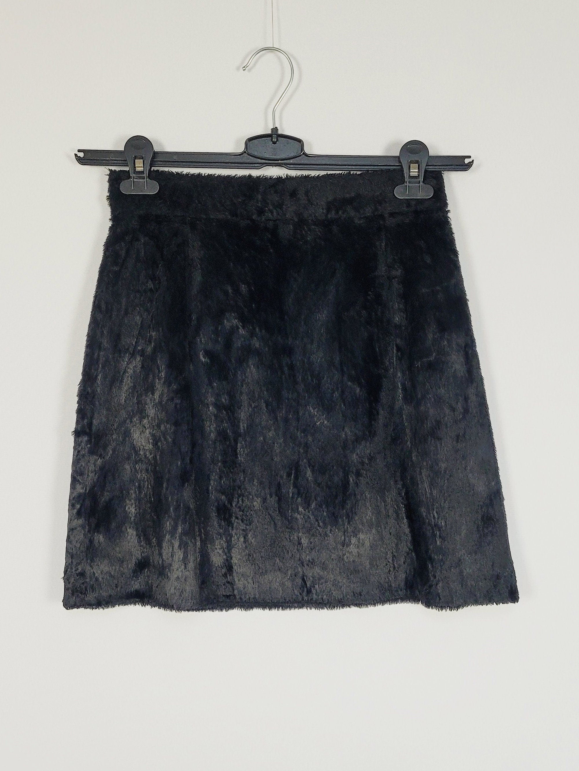 90s vintage retro black faux fur fluffy wrap mini skirt