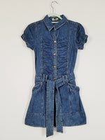 Load image into Gallery viewer, Y2K blue denim buttons down belted puff sleeve mini dress
