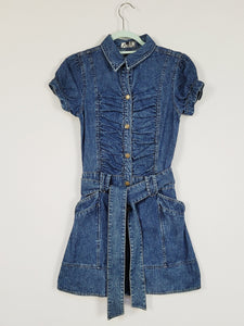 Y2K blue denim buttons down belted puff sleeve mini dress