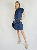 Load image into Gallery viewer, Y2K blue denim buttons down belted puff sleeve mini dress
