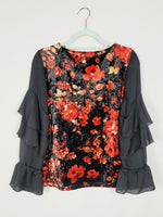 Load image into Gallery viewer, Vintage 90s black floral flare sleeve velveteen Grunge top
