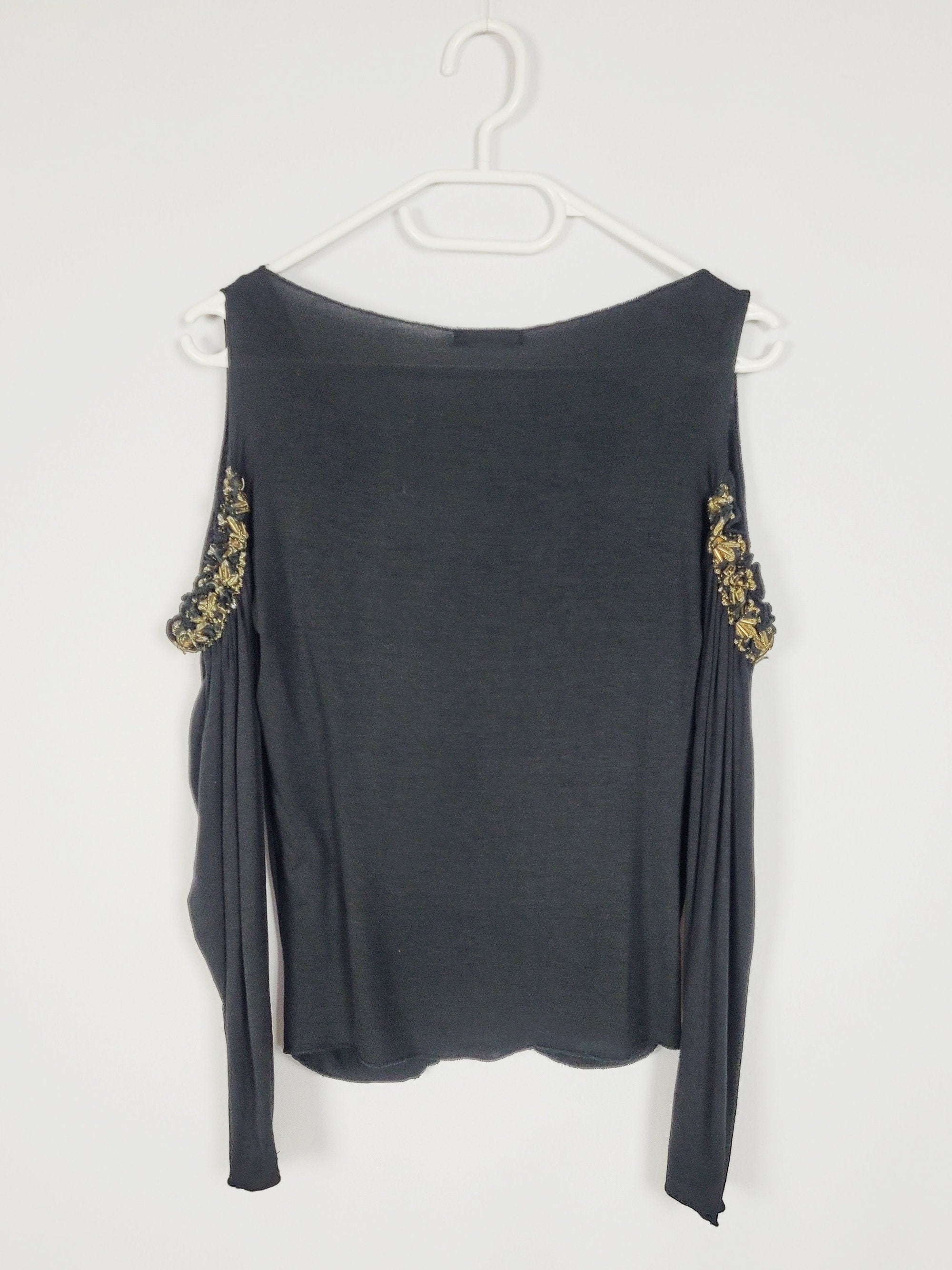 90s black gold detailed beaded cold shoulder Grunge top