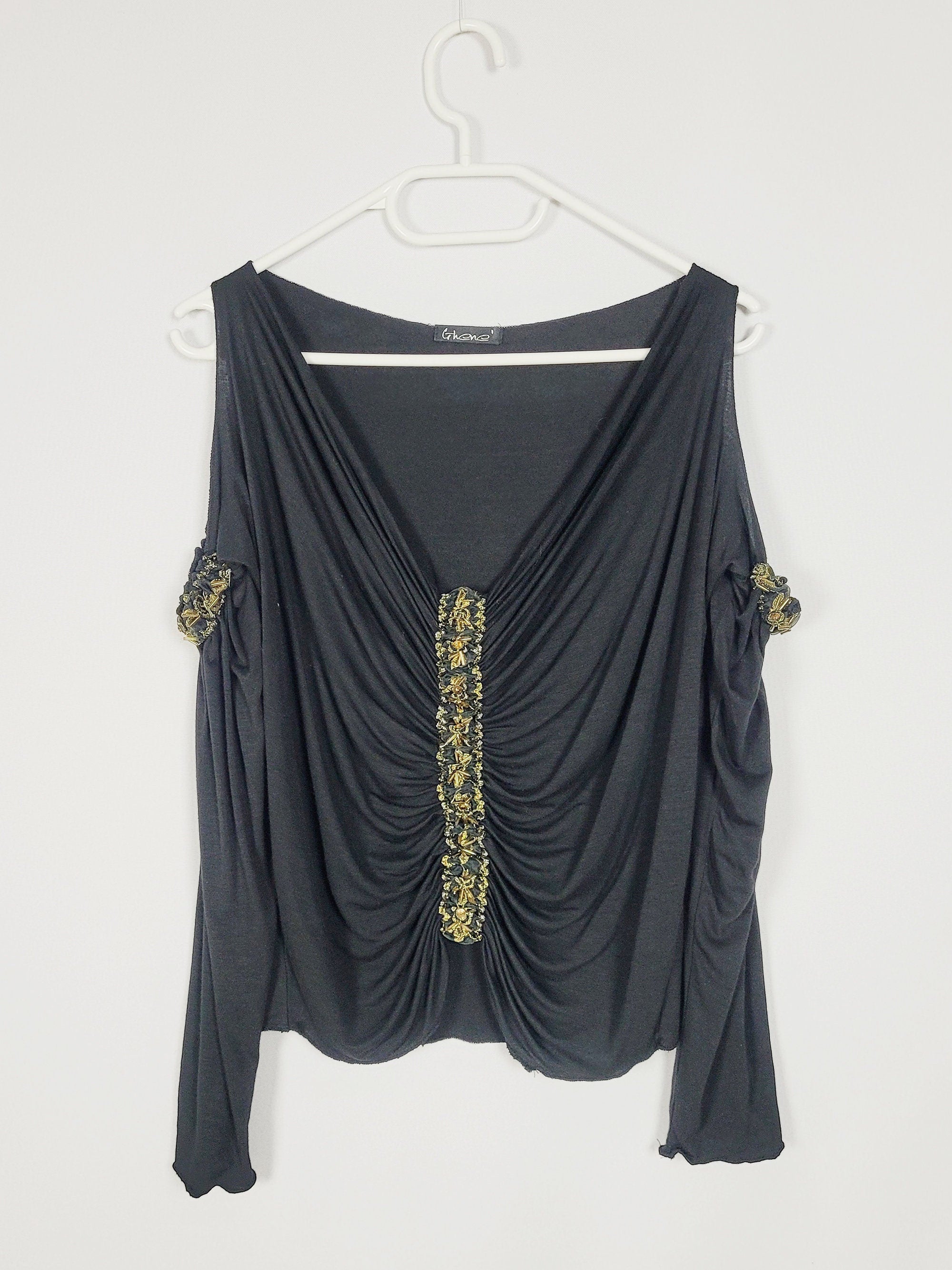 90s black gold detailed beaded cold shoulder Grunge top