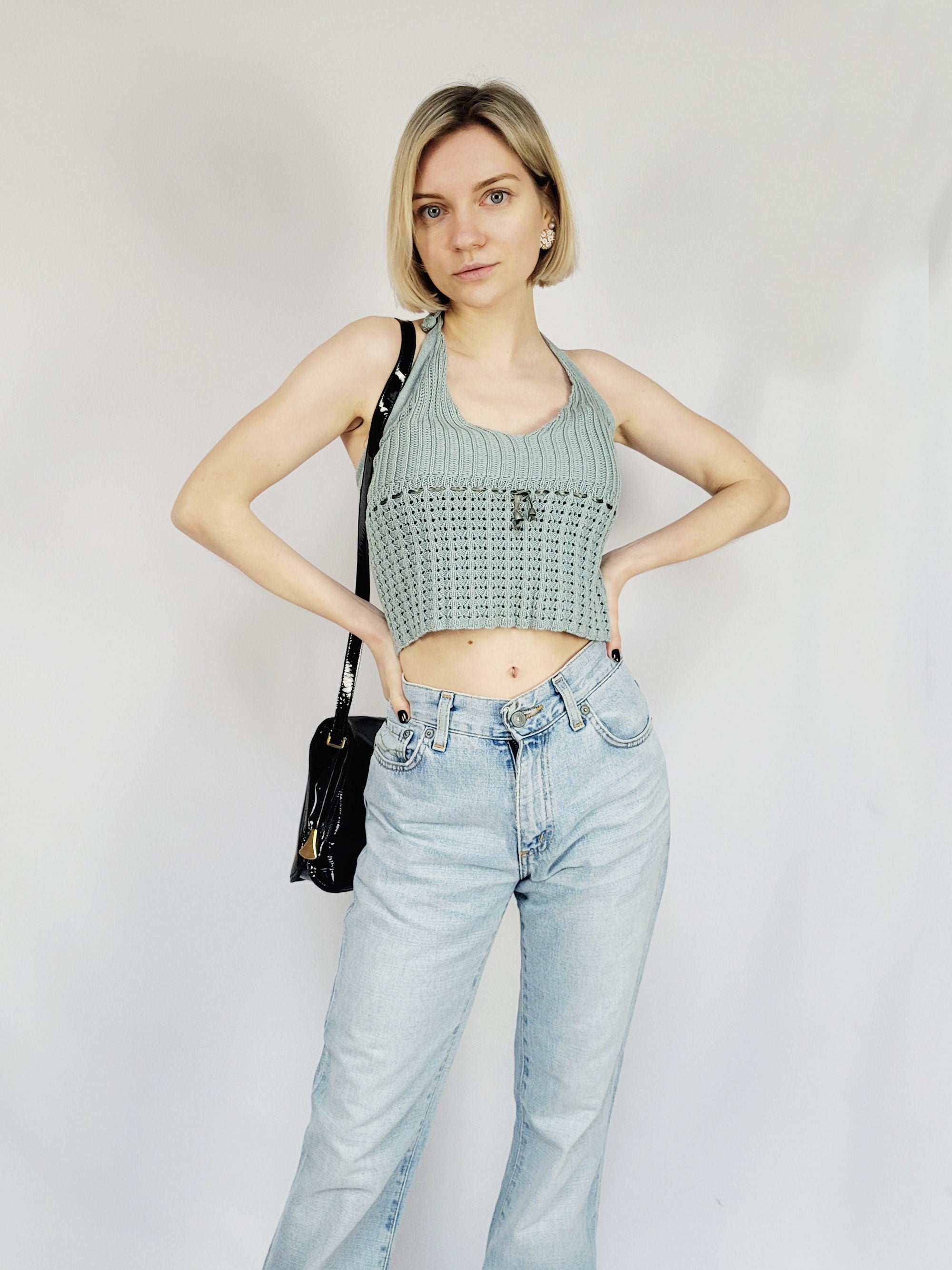 90s retro dusty blue knit crochet summer halter top