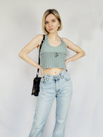 Load image into Gallery viewer, 90s retro dusty blue knit crochet summer halter top
