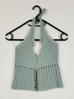 Load image into Gallery viewer, 90s retro dusty blue knit crochet summer halter top
