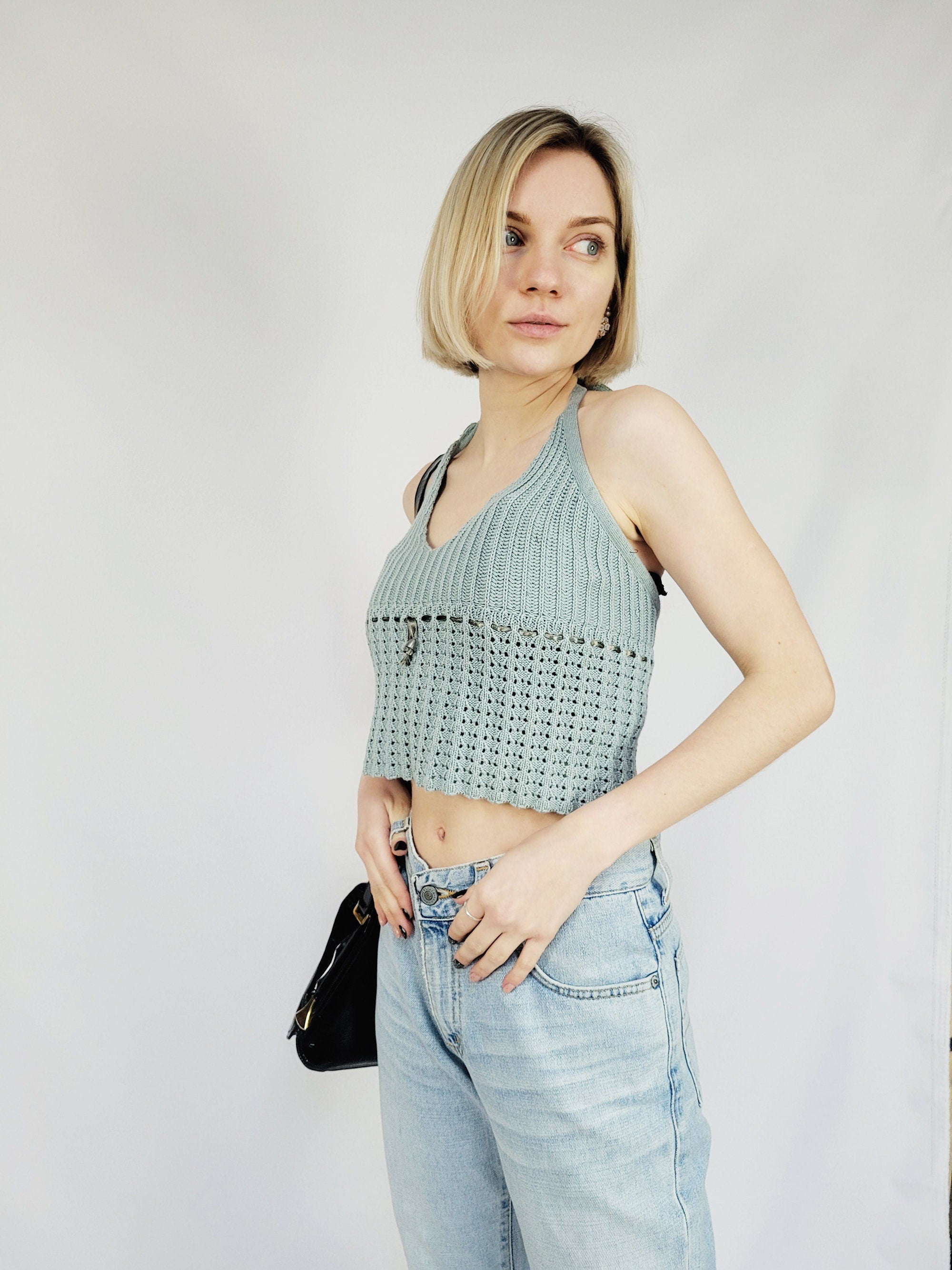 90s retro dusty blue knit crochet summer halter top