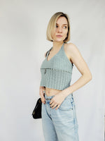 Load image into Gallery viewer, 90s retro dusty blue knit crochet summer halter top
