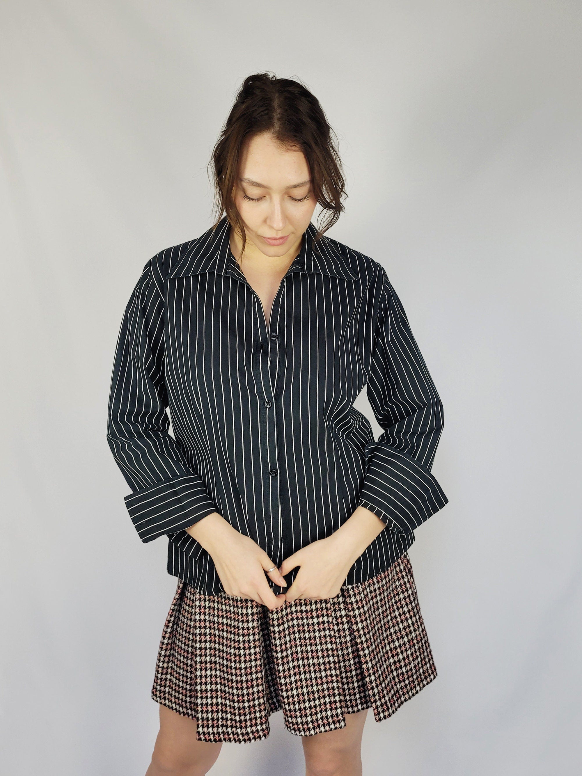 90s retro black striped smart casual preppy shirt blouse